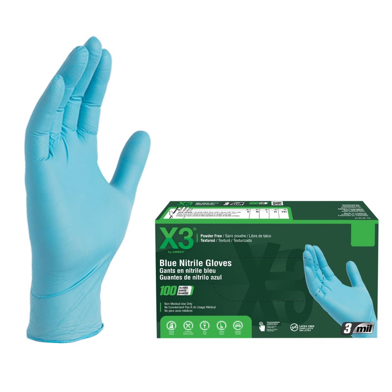 X3 Industrial Blue Nitrile Gloves, Box of 100, 3 Mil, Size Medium, Latex Free, Powder Free, Textured, Disposable, Non-Sterile, Food Safe, X344100BX - Image 1